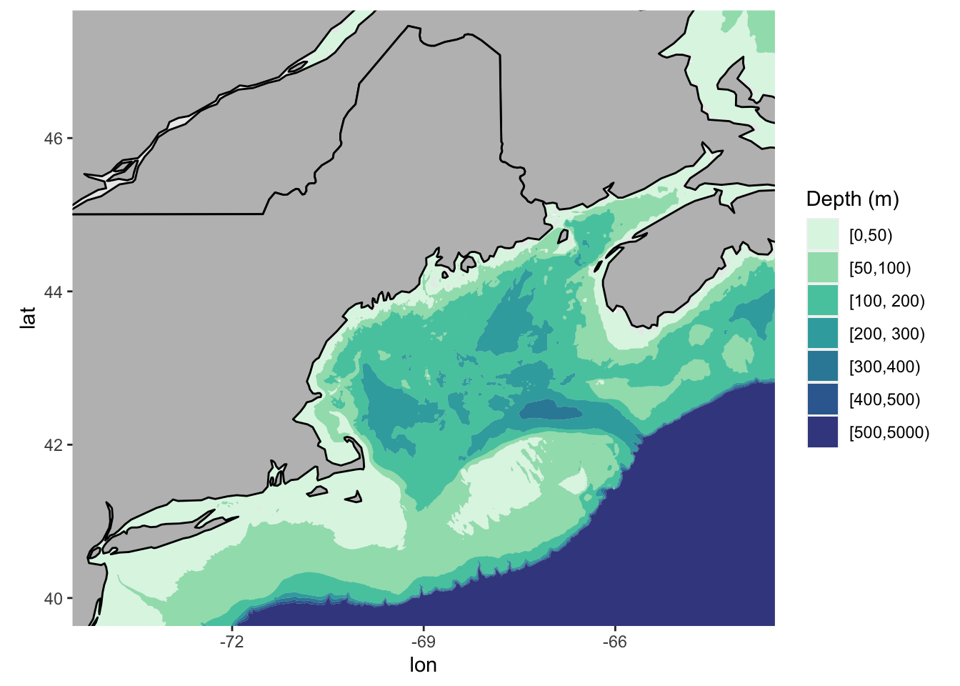 Map of Northeast U.S. with bathymetic features